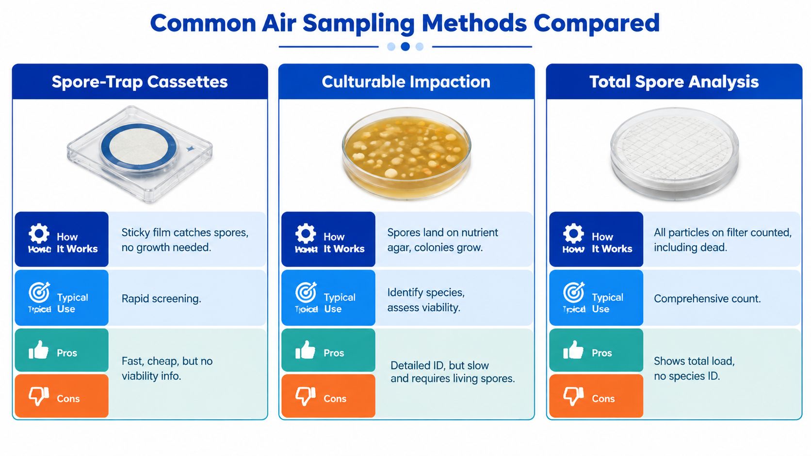 A comparison chart outlining common air sampling methods for mold: Spore-Trap Cassettes, Culturable Impaction, and Total Spore Analysis.