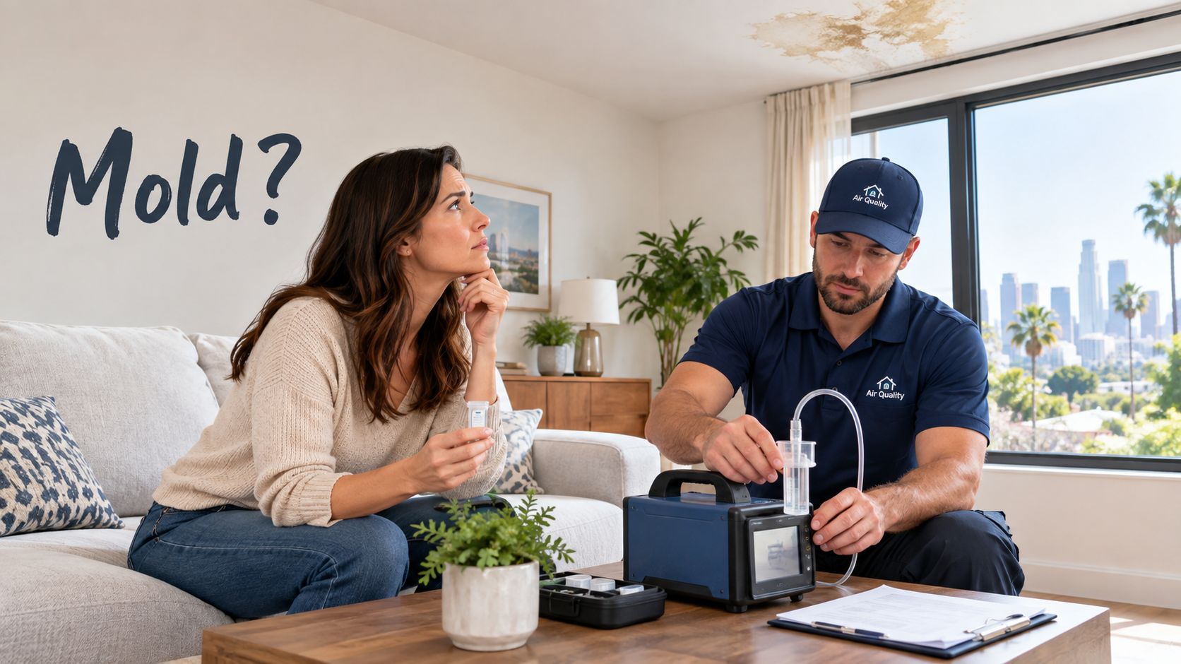 A professional air quality technician performs a mold test in a living room for a concerned homeowner.