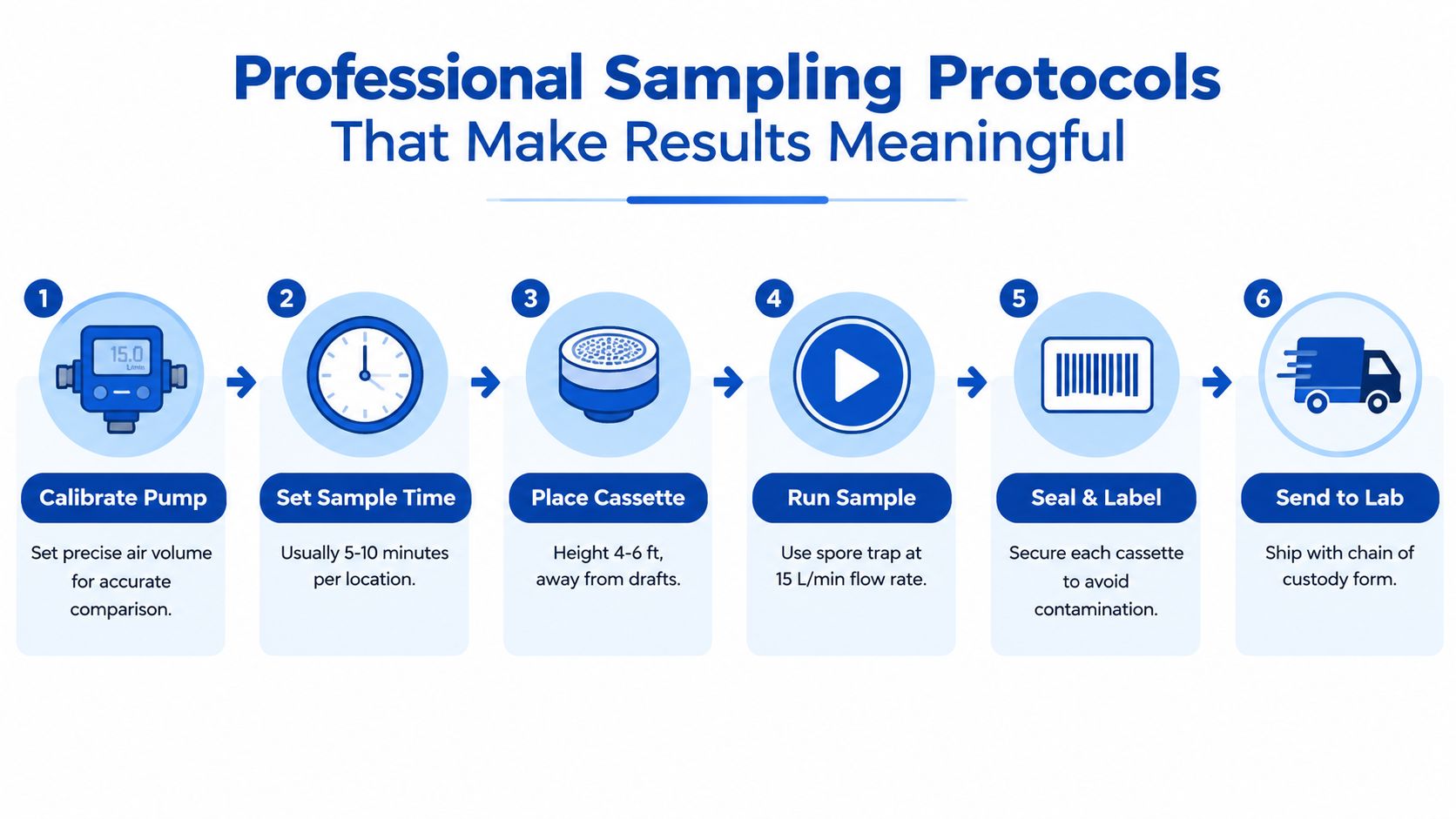 A six-step infographic illustrating professional air sampling protocols for mold testing using pumps and cassettes.