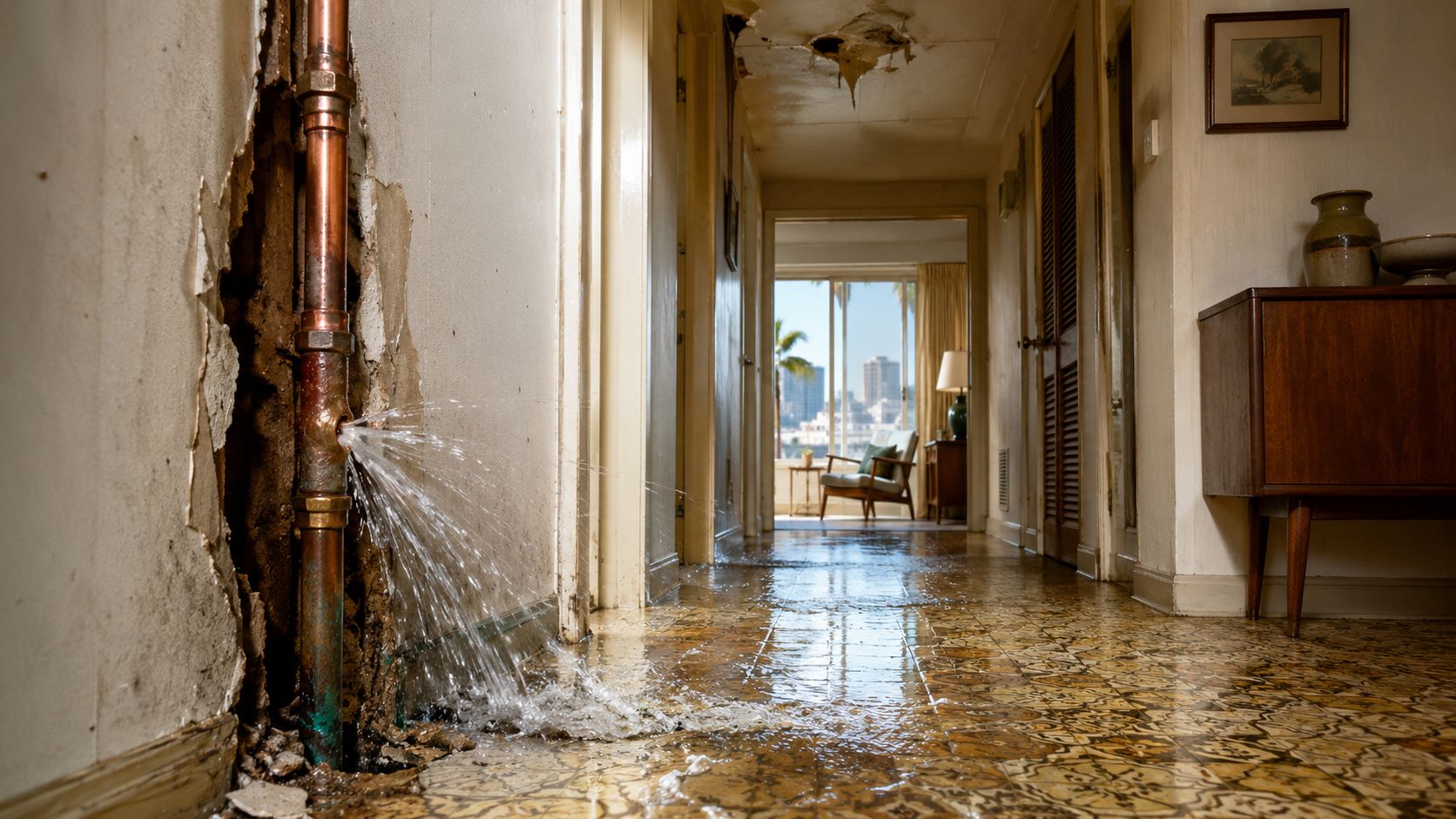 A leaking copper pipe inside a damaged wall in a residential hallway with a flooded floor.