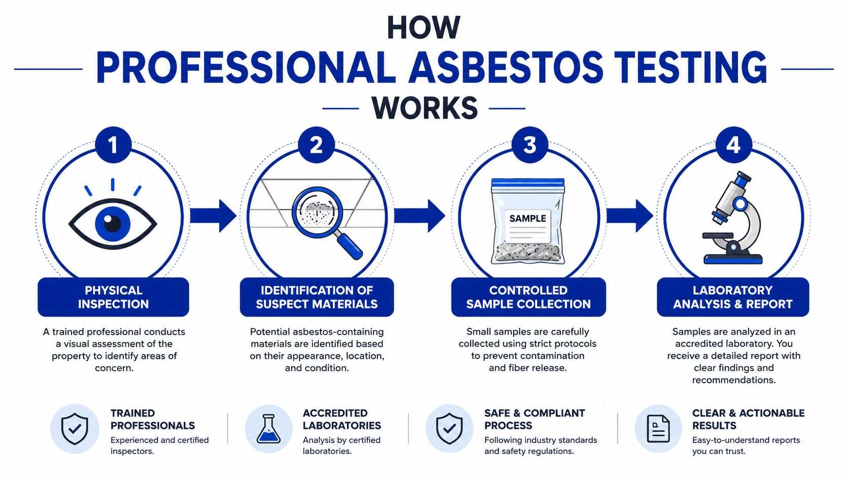 An infographic illustrating the four-step professional asbestos testing process from physical inspection to laboratory analysis and reporting.