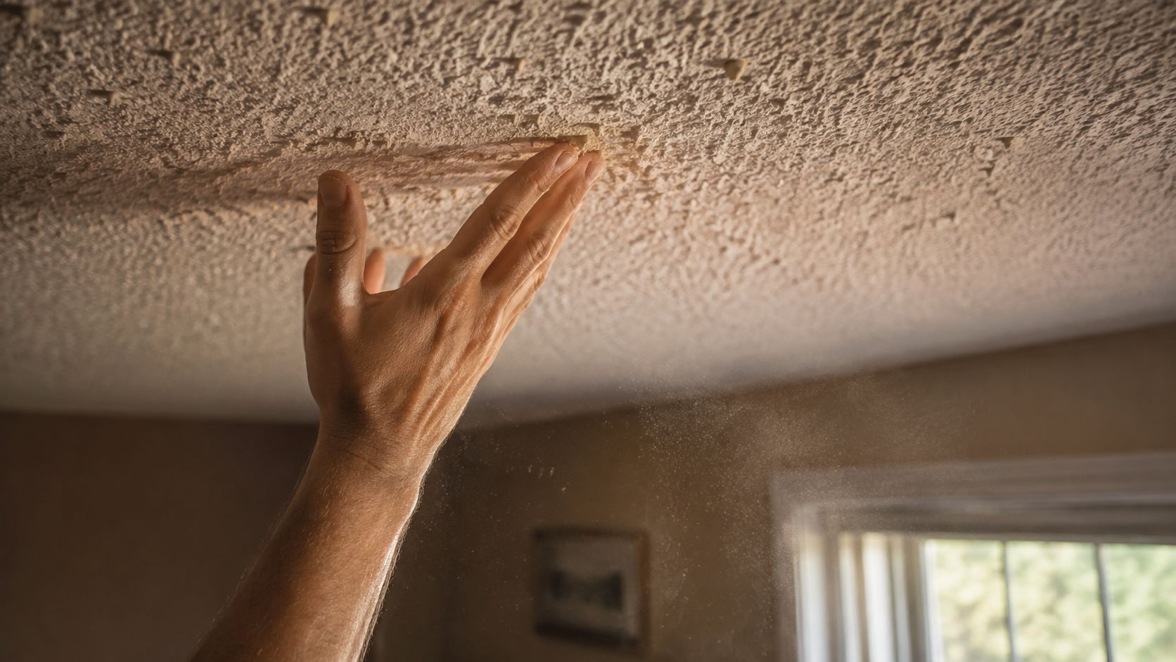 A person reaches up to touch a textured popcorn ceiling that may contain dangerous asbestos materials.