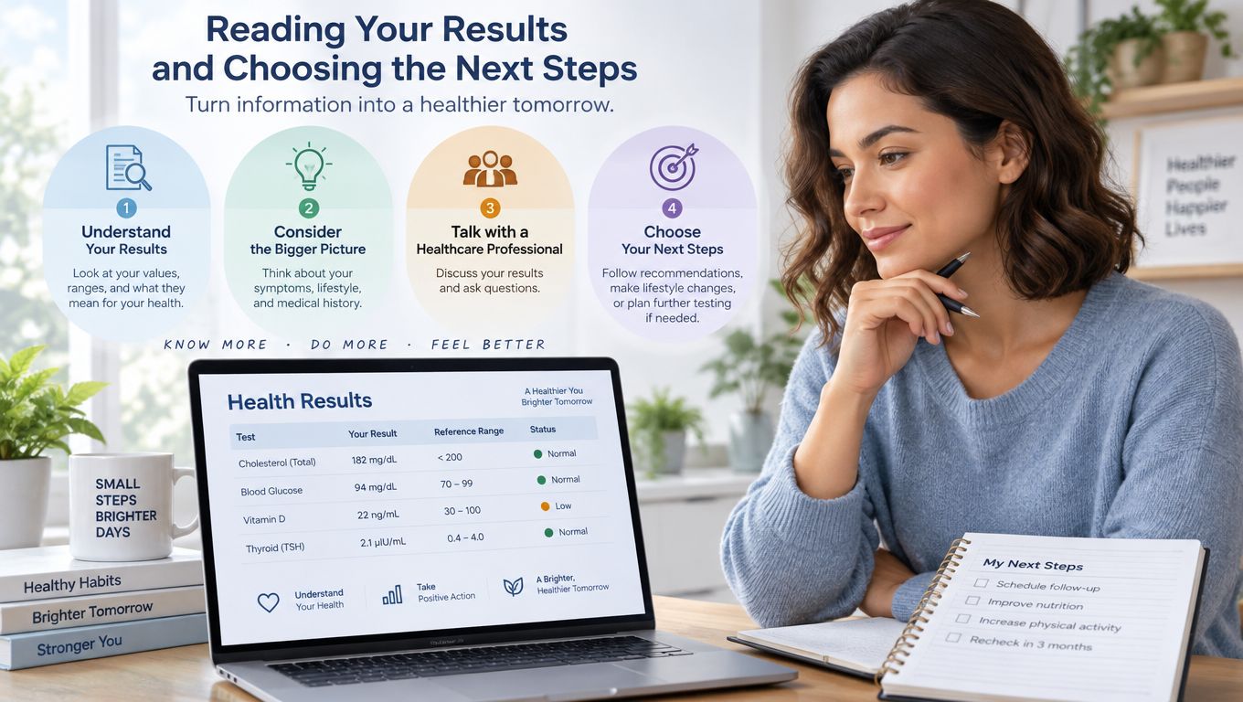 A woman reviewing health test results on her laptop and writing down steps in a notebook.