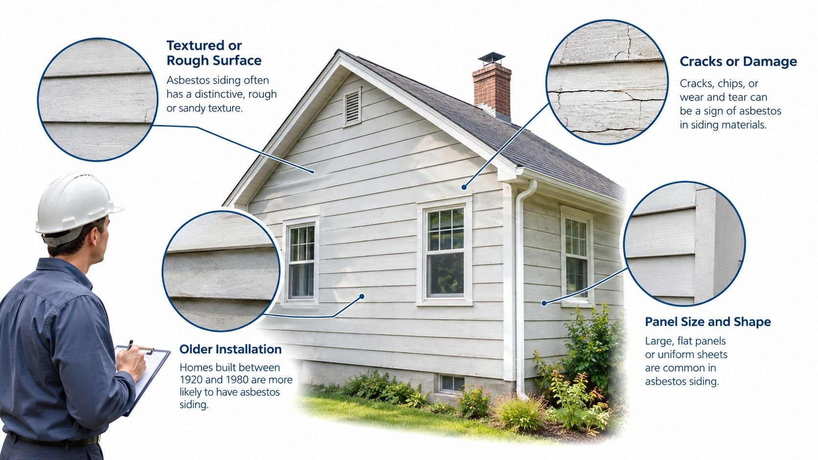 A home inspector examining the exterior siding of a house to identify potential signs of asbestos.