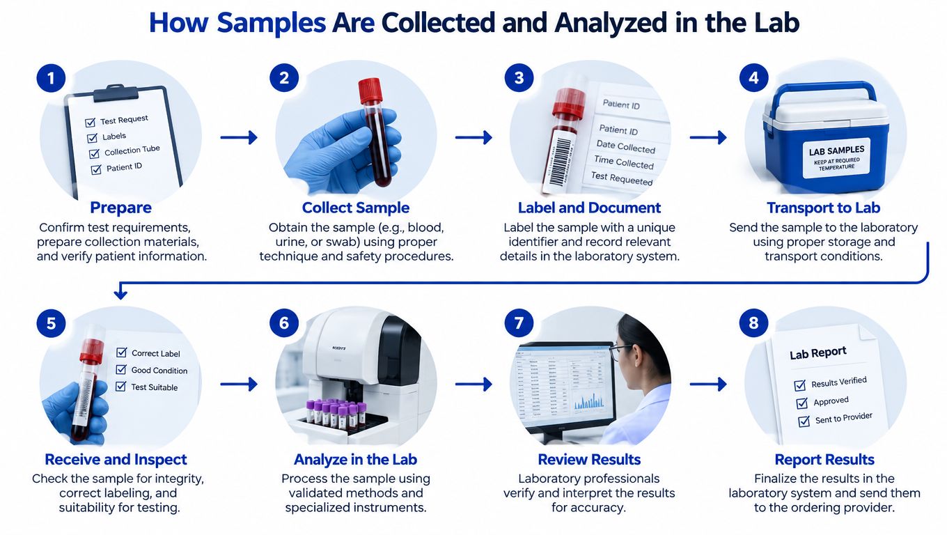 An infographic detailing the eight steps for collecting and analyzing clinical laboratory samples, from preparation to reporting.