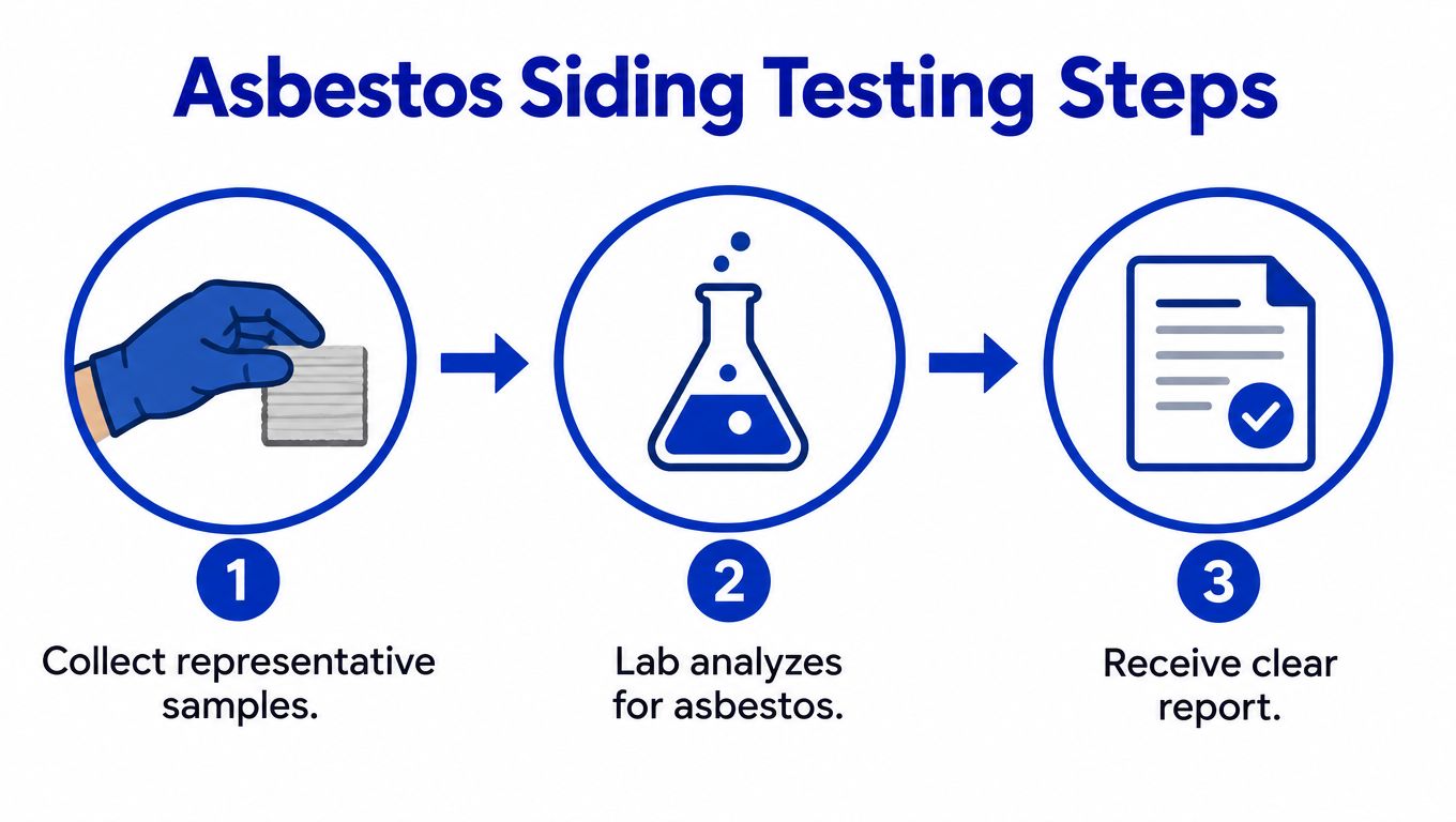 A three-step infographic showing the asbestos siding testing process from sample collection to laboratory analysis and reporting.