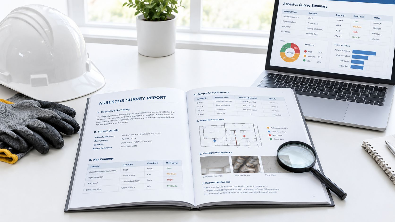A professional asbestos survey report with safety equipment on a desk showing analysis results and findings.