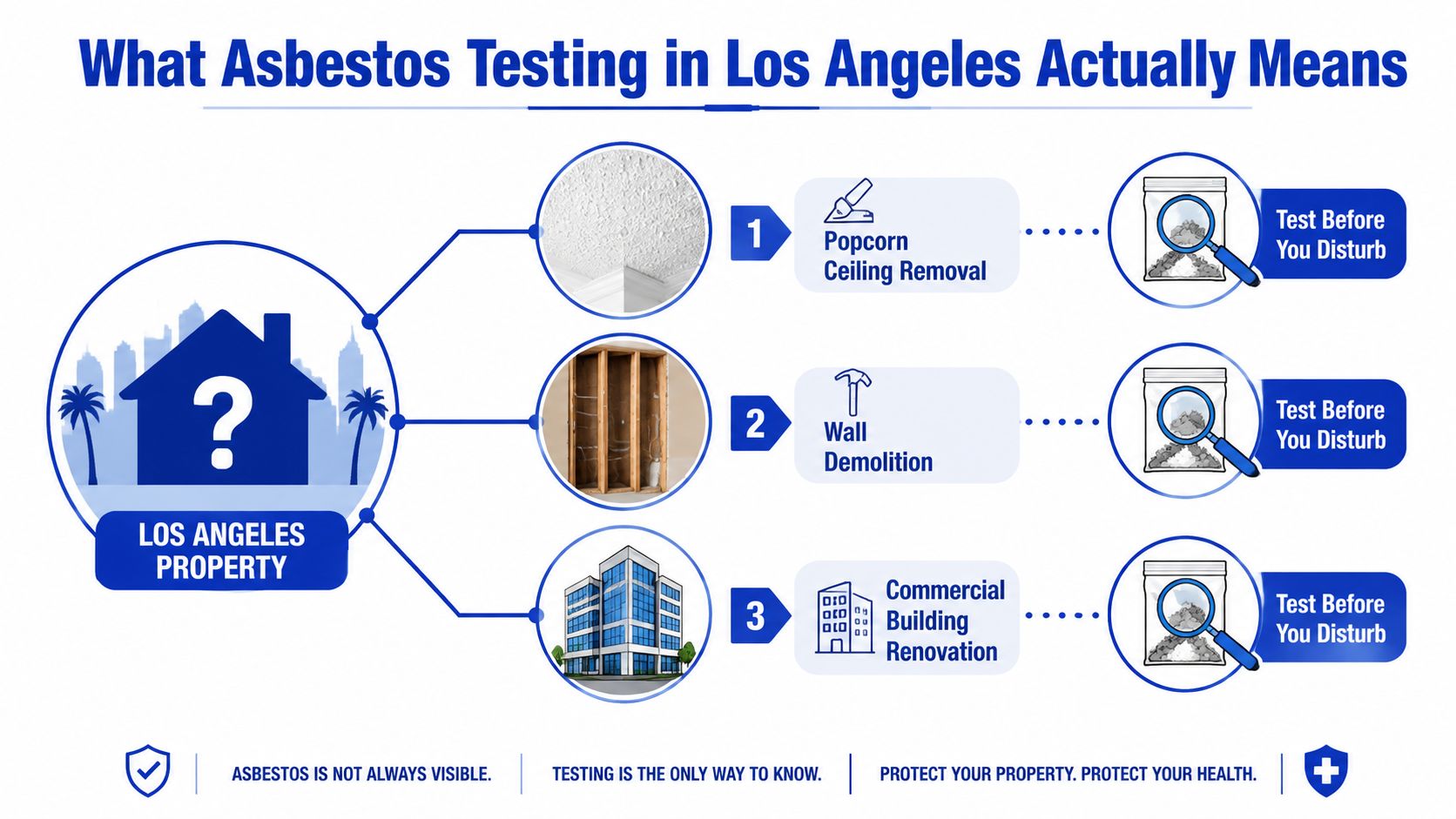 An infographic titled What Asbestos Testing in Los Angeles Actually Means showing three common scenarios for testing.