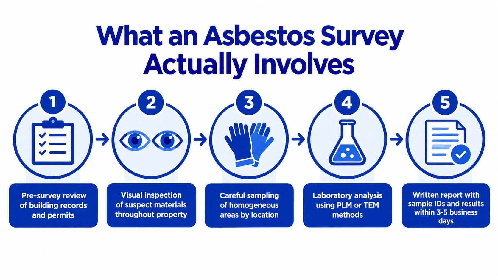 A five-step infographic showing the asbestos survey process including document review, inspection, sampling, analysis, and reporting.