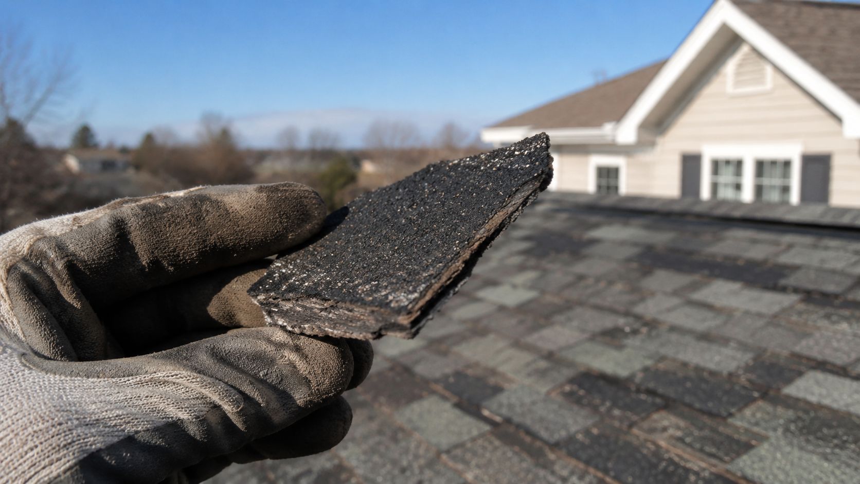 A close-up view of a gloved hand holding a damaged asphalt shingle piece on a roof.