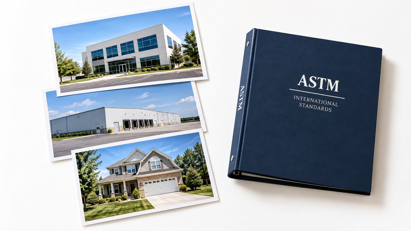 An ASTM International Standards binder next to three photographs of different types of commercial and residential buildings.