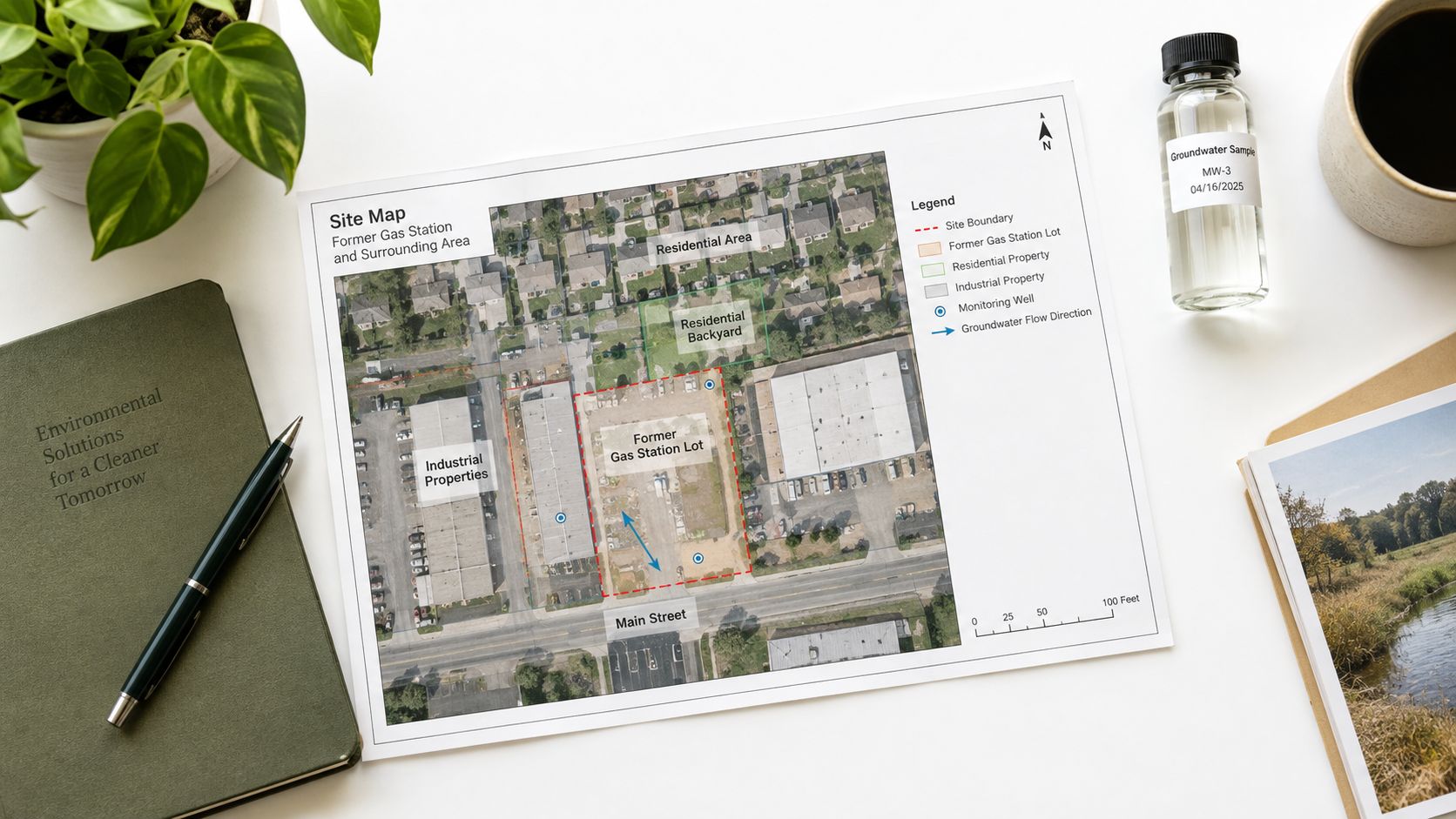 A site map showing a former gas station lot and surrounding properties on a white desk.