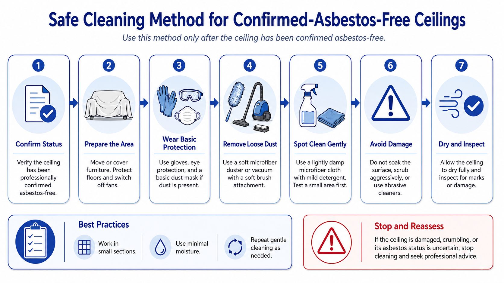 A seven-step instructional infographic showing the safe cleaning method for confirmed asbestos-free ceilings in a home.