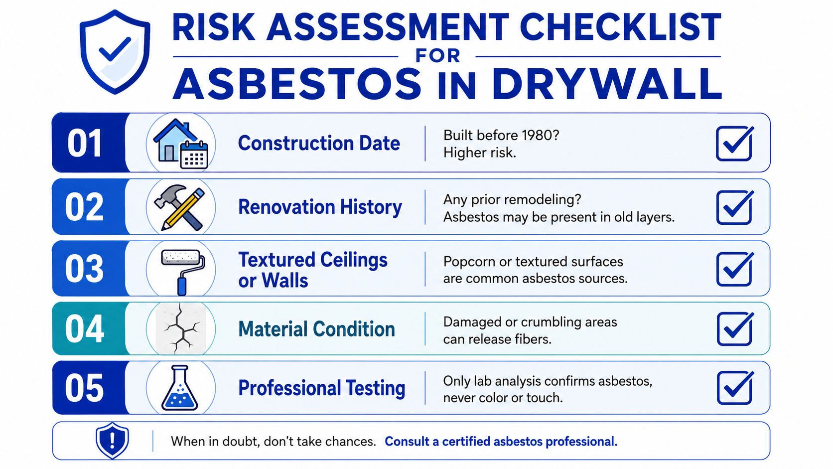 A checklist illustrating five key risk factors for identifying potential asbestos hazards in residential drywall materials.