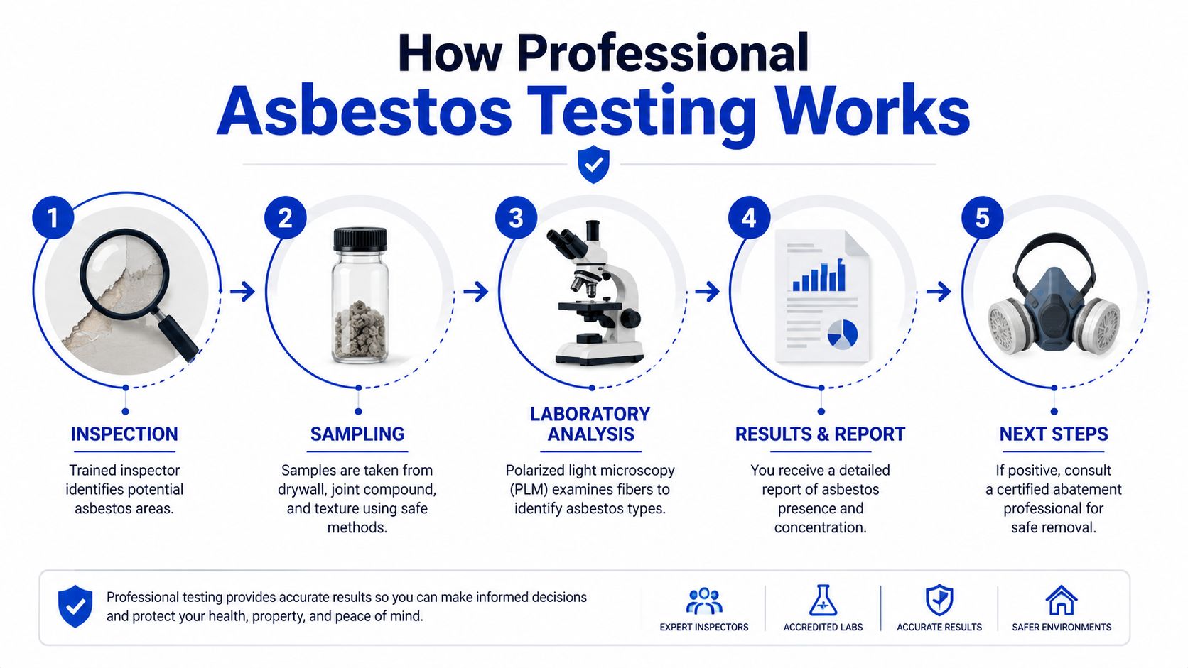 An infographic detailing the five-step professional process for testing and identifying asbestos in building materials.