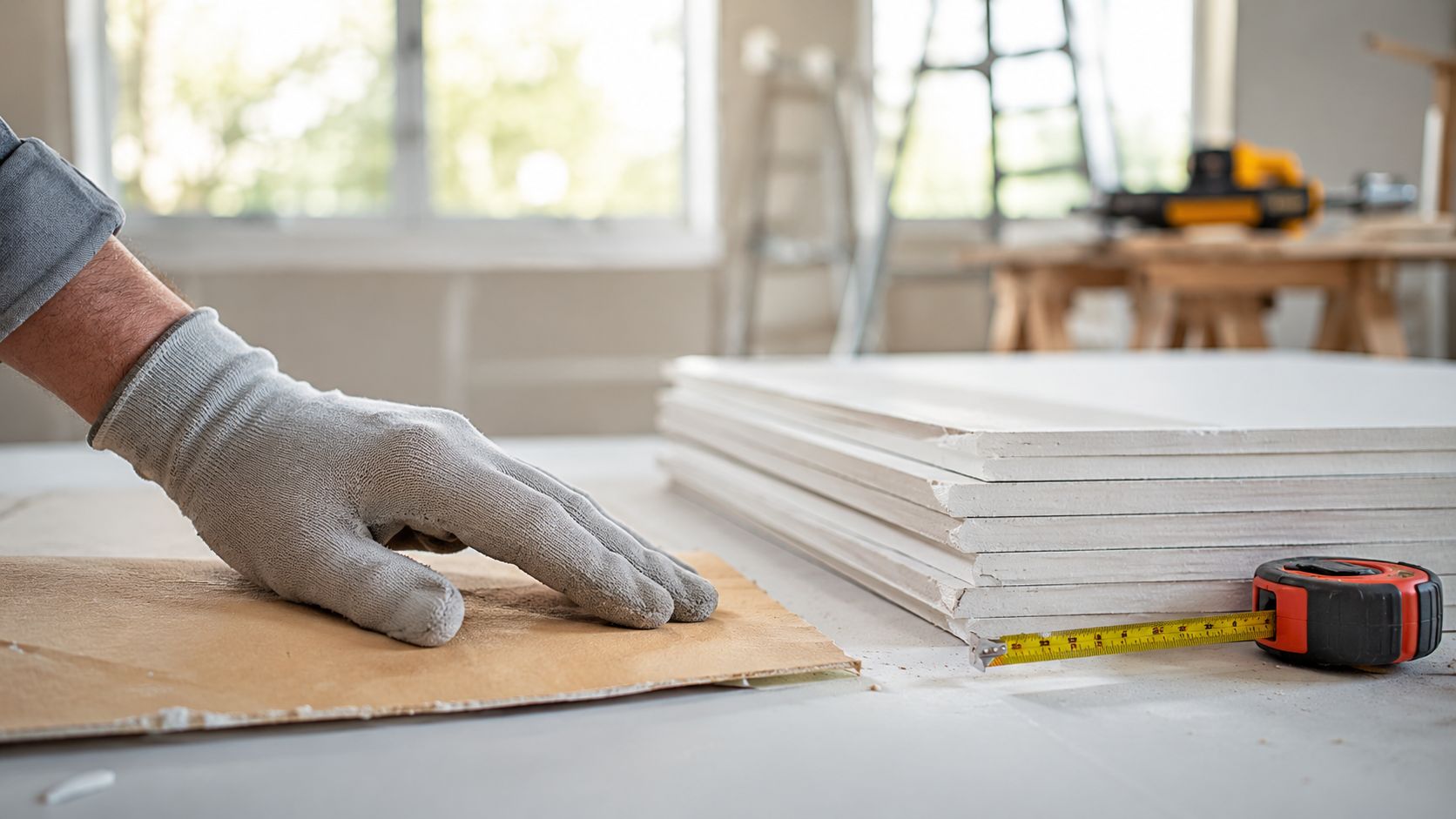 A construction worker wearing grey gloves preparing a piece of brown drywall board on a workbench