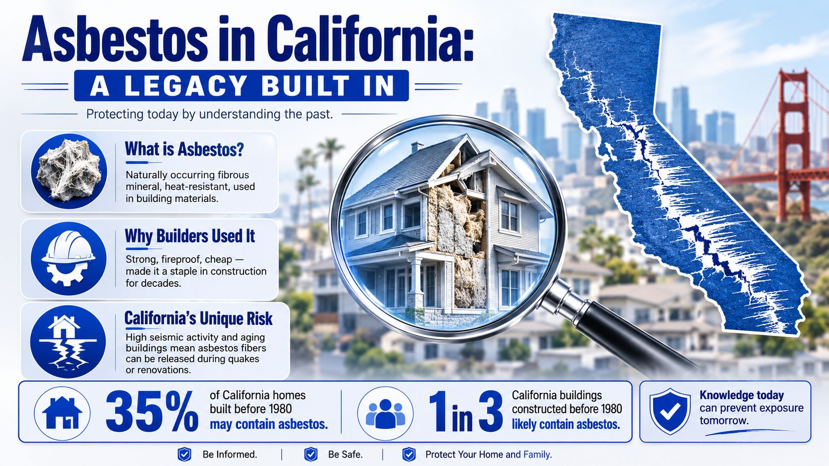 An infographic titled Asbestos in California explaining the risks, historical use in construction, and safety warnings.