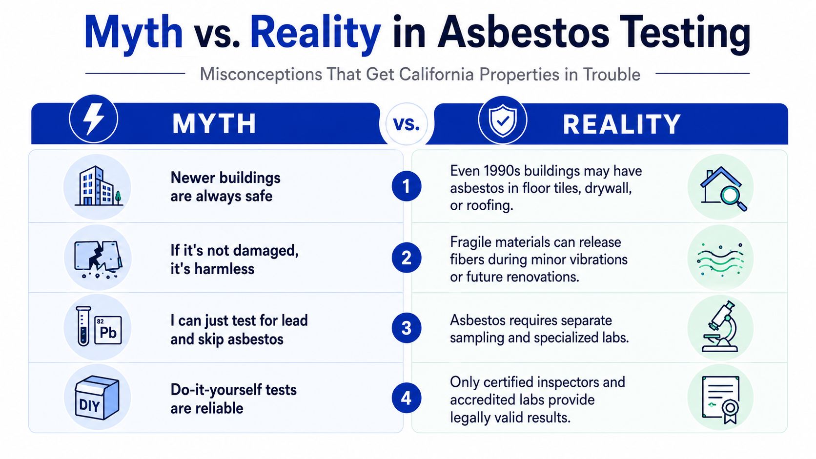A comparison chart showing common myths and the reality regarding asbestos testing in California properties.
