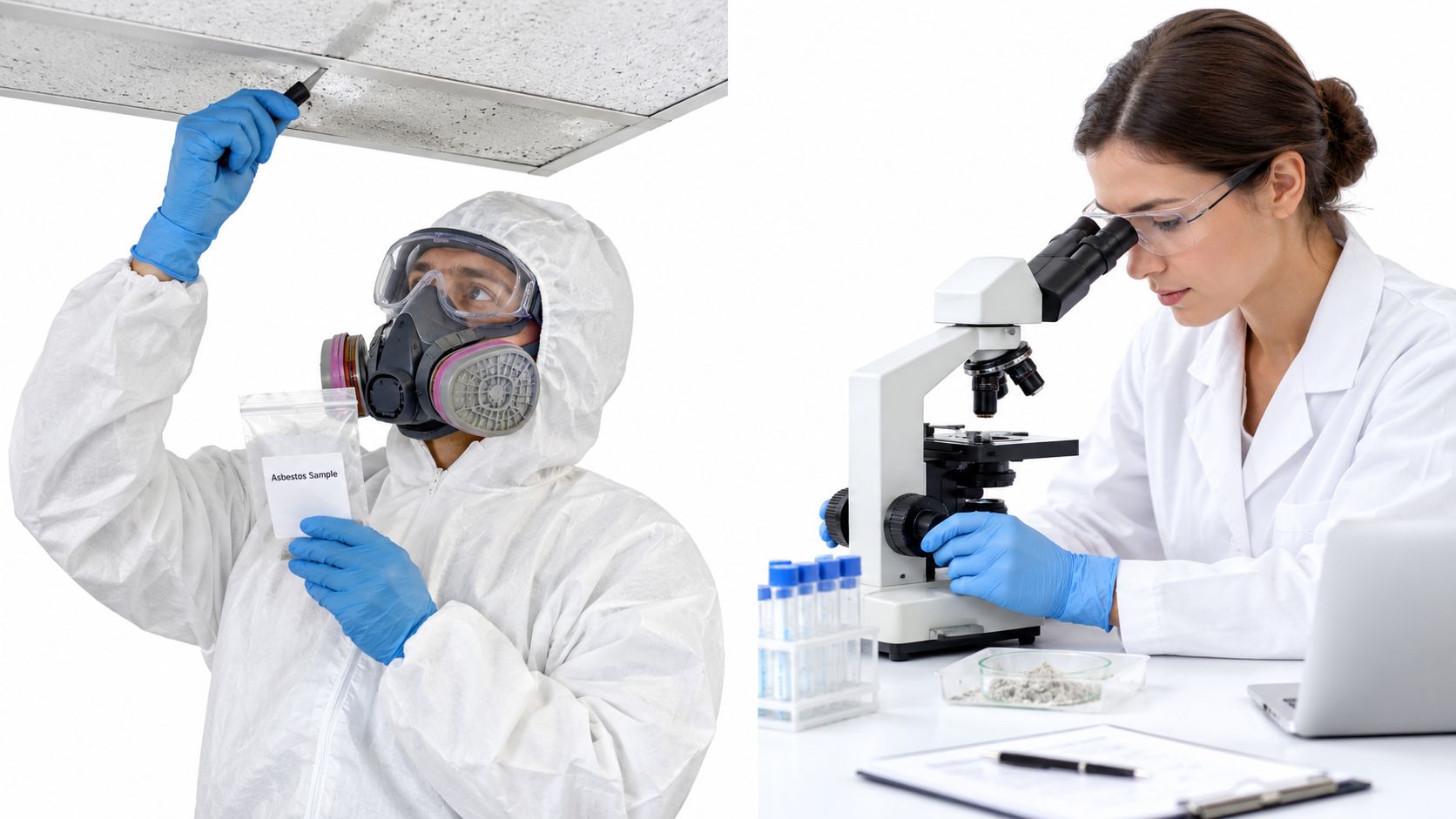 A professional environmental inspector collecting a material sample and a scientist analyzing it under a laboratory microscope.