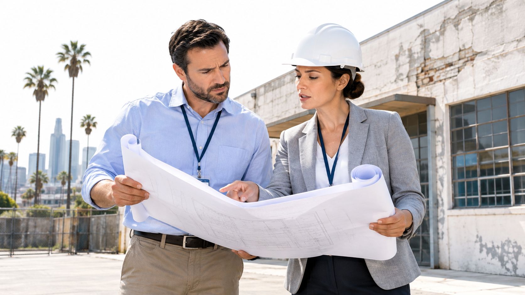 A professional construction project manager and engineer reviewing site blueprints outdoors in front of an industrial building.