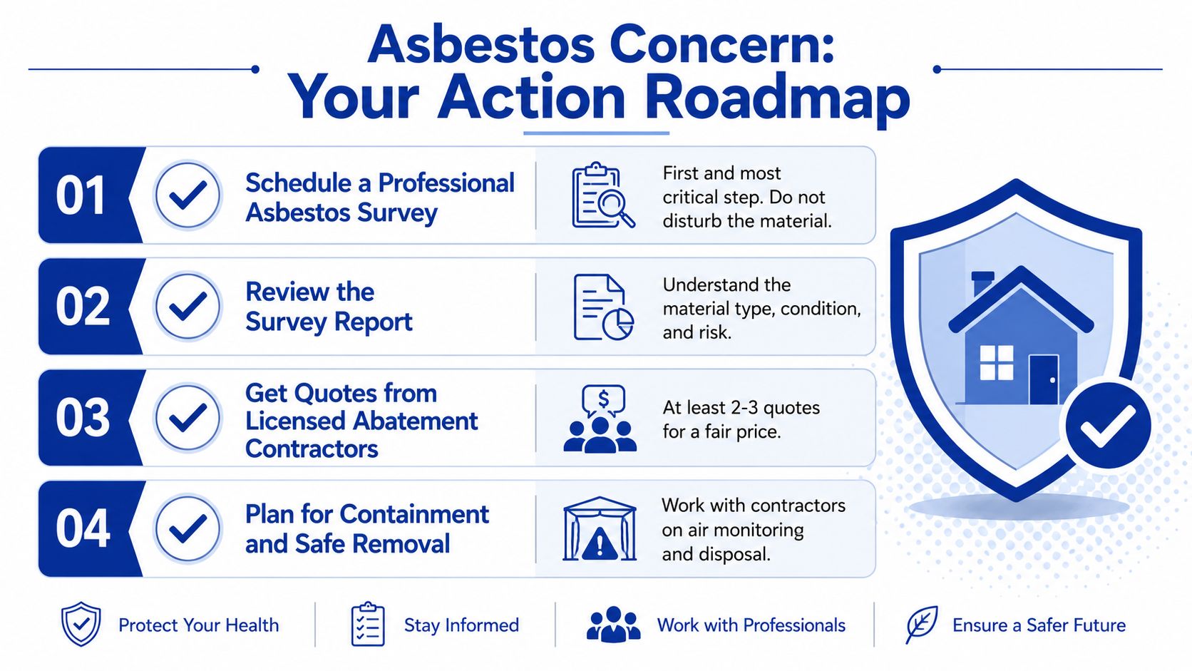 A four-step roadmap infographic guiding homeowners on the safe process for managing and removing asbestos insulation.