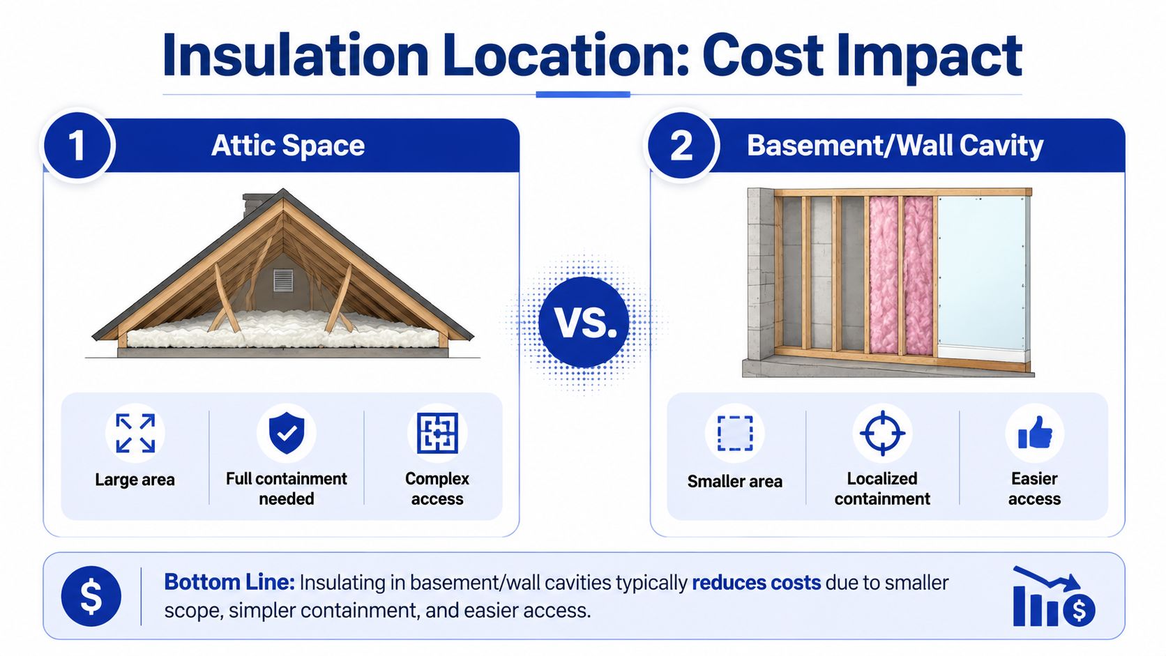 A comparison chart showing how attic insulation costs more than basement or wall cavity insulation projects.