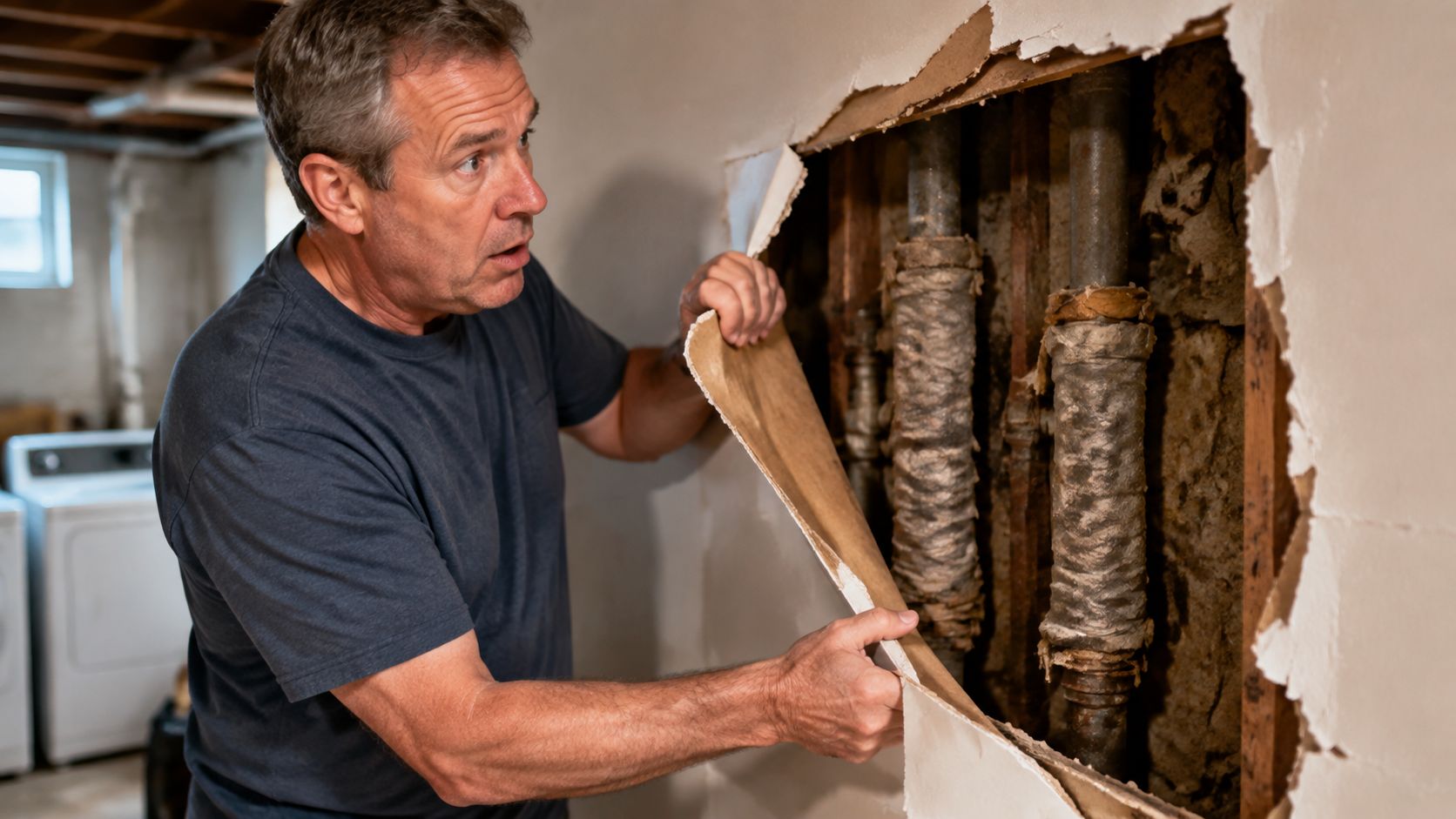 A concerned homeowner discovers old pipe insulation while inspecting the wall damage in his basement.