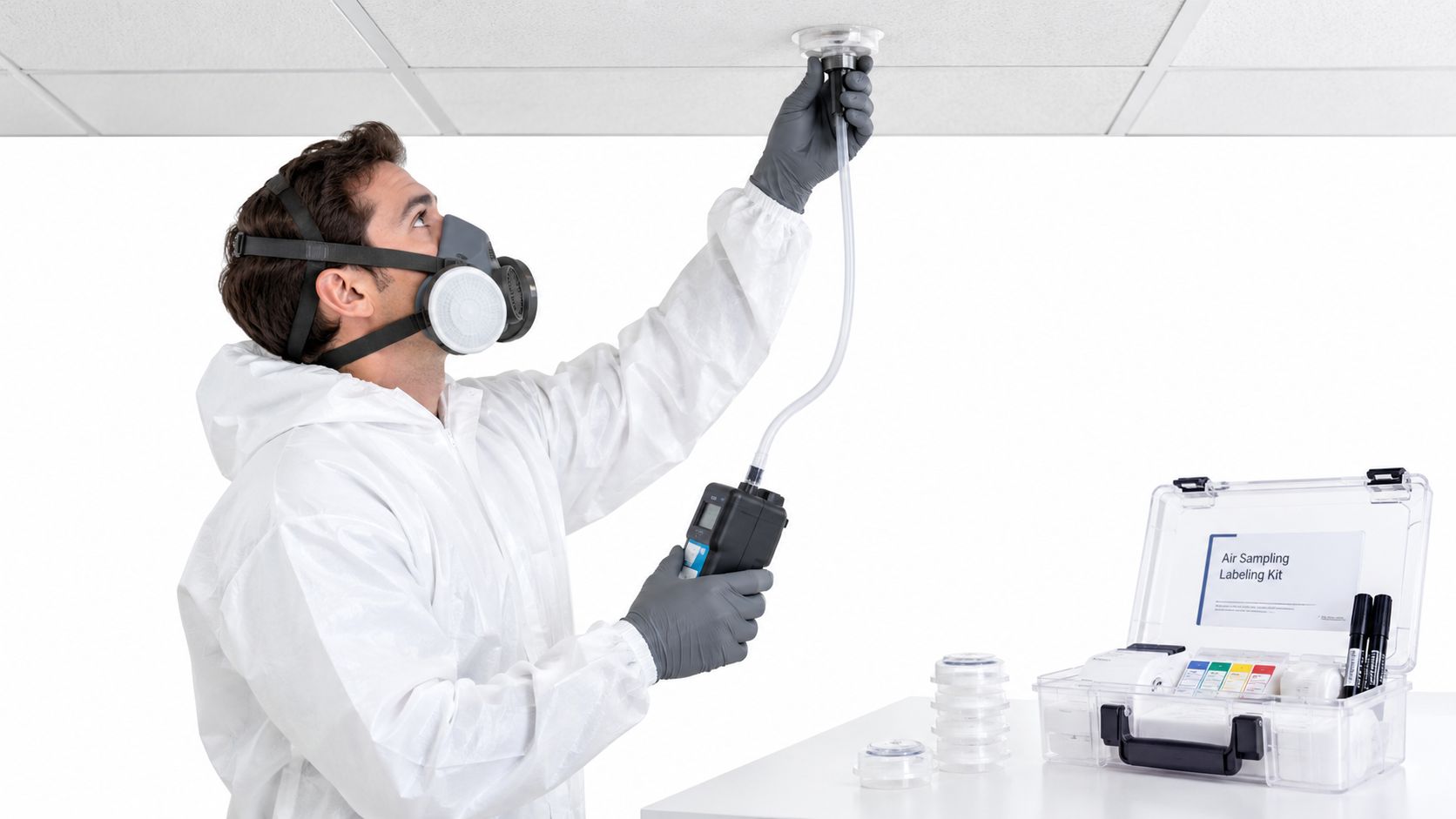 A technician in a hazmat suit performs an air quality test on a ceiling using sampling equipment.