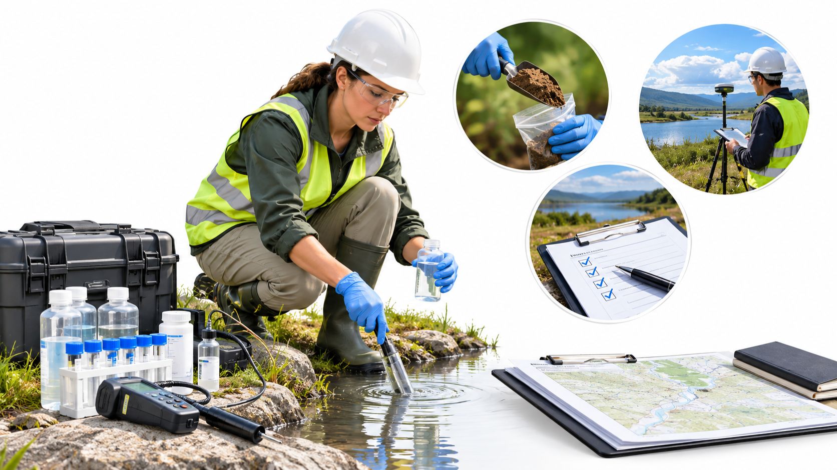A professional environmental consultant collecting water and soil samples in a natural outdoor landscape for testing.