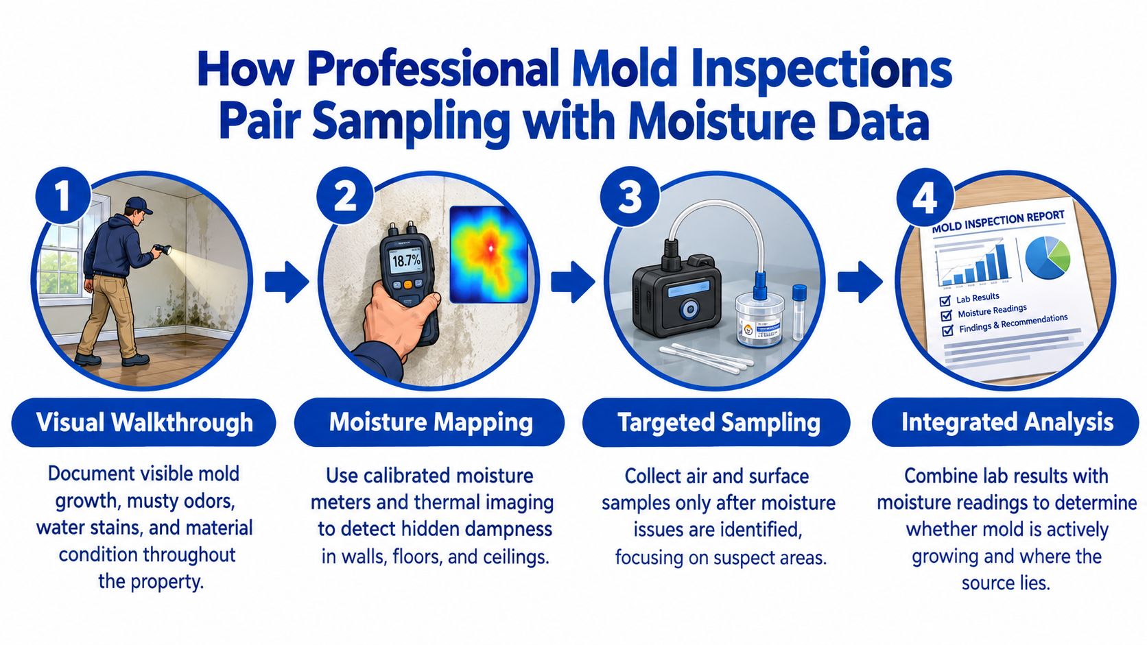A four-step infographic showing the professional process of mold inspection, including visual inspection, moisture mapping, sampling, and analysis.