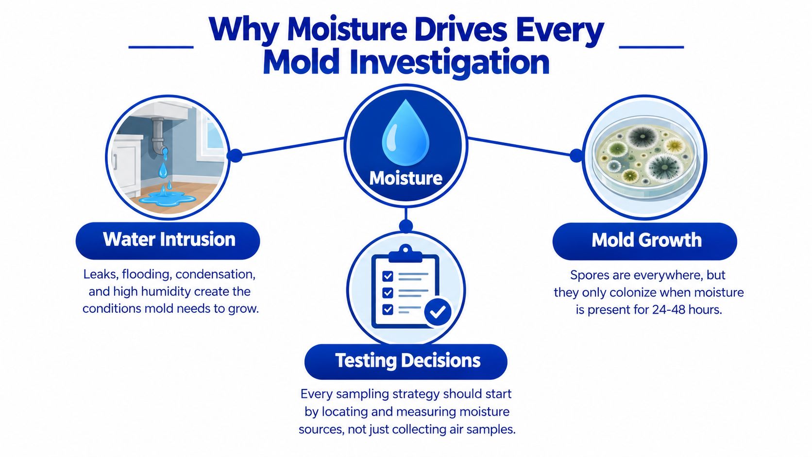 A diagram explaining why moisture is the primary driver for mold investigation, testing decisions, and mold growth.