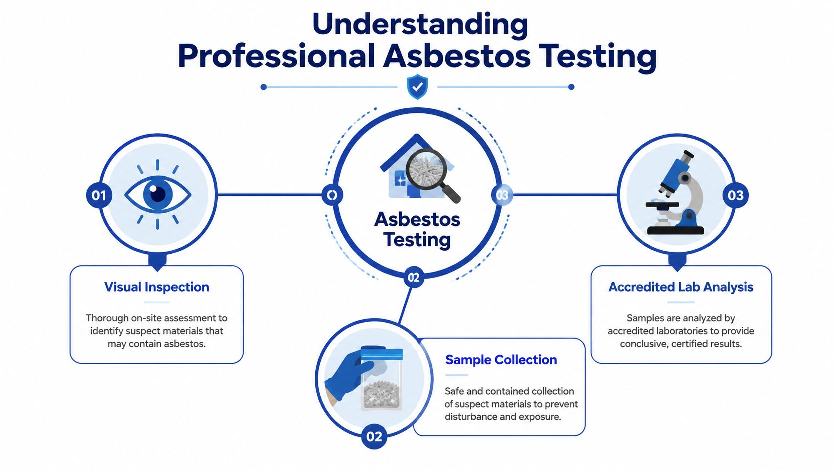 A professional infographic outlining the three steps of the asbestos testing process including inspection, collection, and analysis.