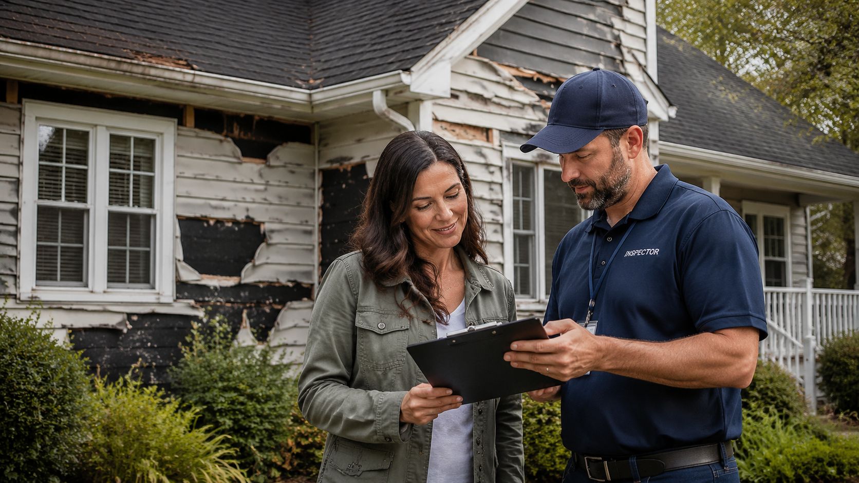 A professional building inspector reviews inspection results on a clipboard with a homeowner in front of a house.