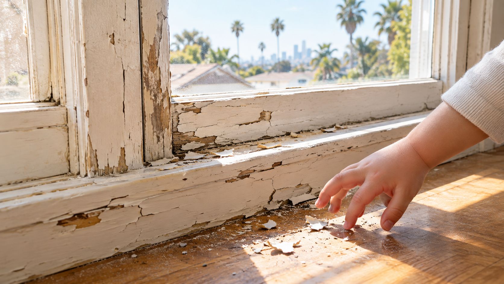 A child's hand reaches toward peeling lead paint flakes on a wooden windowsill near a sunlit window.