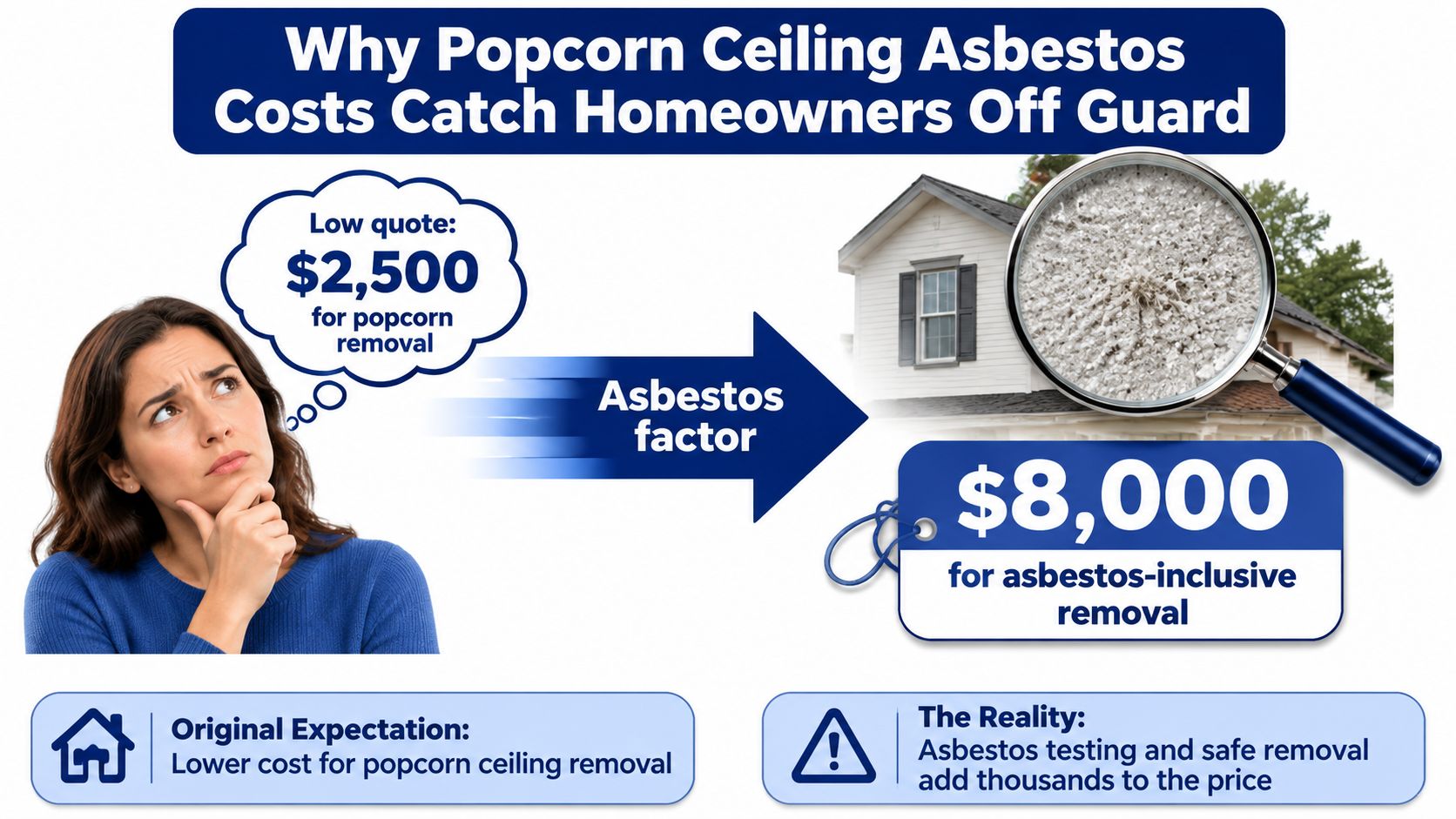 A woman looks concerned about the high cost difference between regular popcorn ceiling removal and asbestos abatement.