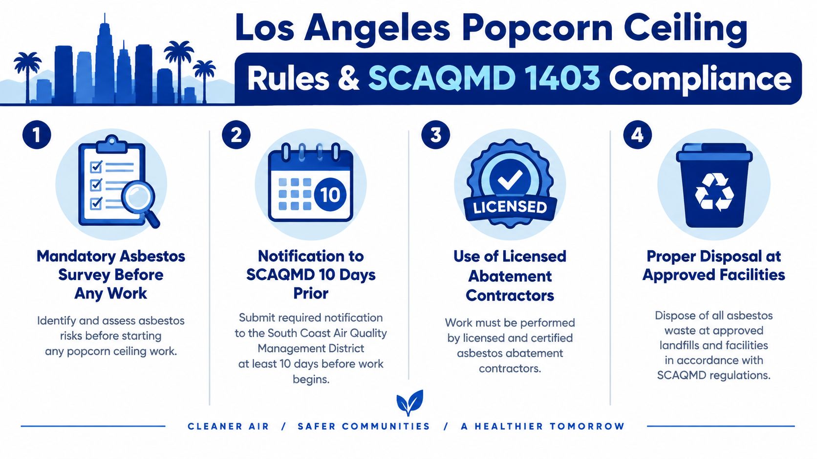 A four-step guide for Los Angeles popcorn ceiling removal, highlighting mandatory asbestos surveys and SCAQMD 1403 compliance procedures.