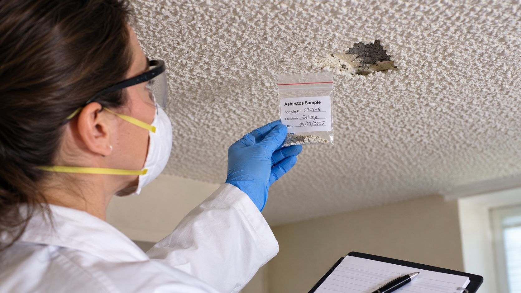 A professional in protective gear collecting an asbestos sample from a popcorn ceiling for inspection