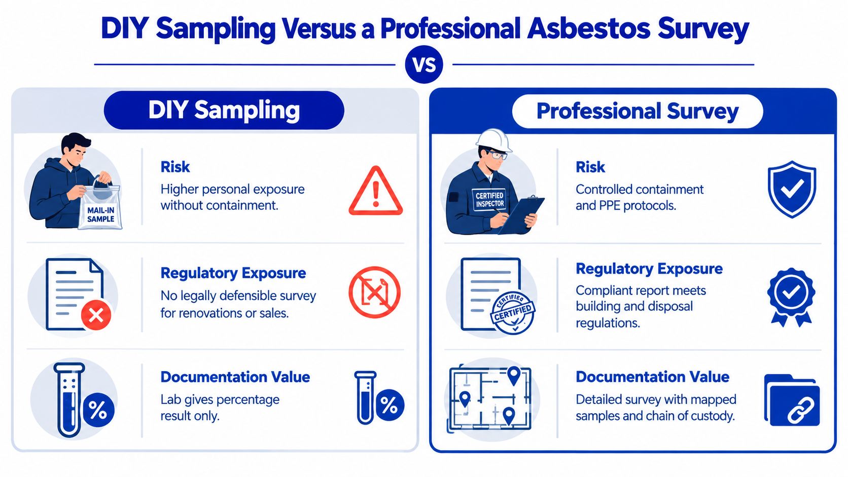 A comparison infographic showing the risks and benefits of DIY asbestos sampling versus professional asbestos surveys.