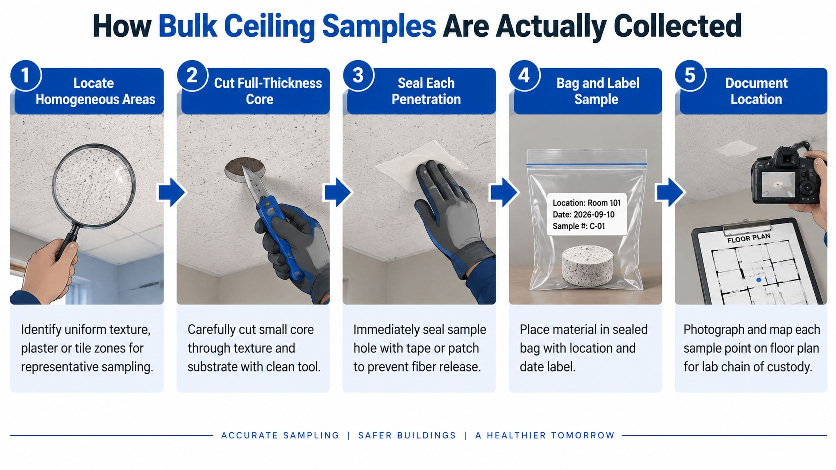 A step-by-step infographic illustrating the professional process of collecting bulk ceiling samples for asbestos testing.