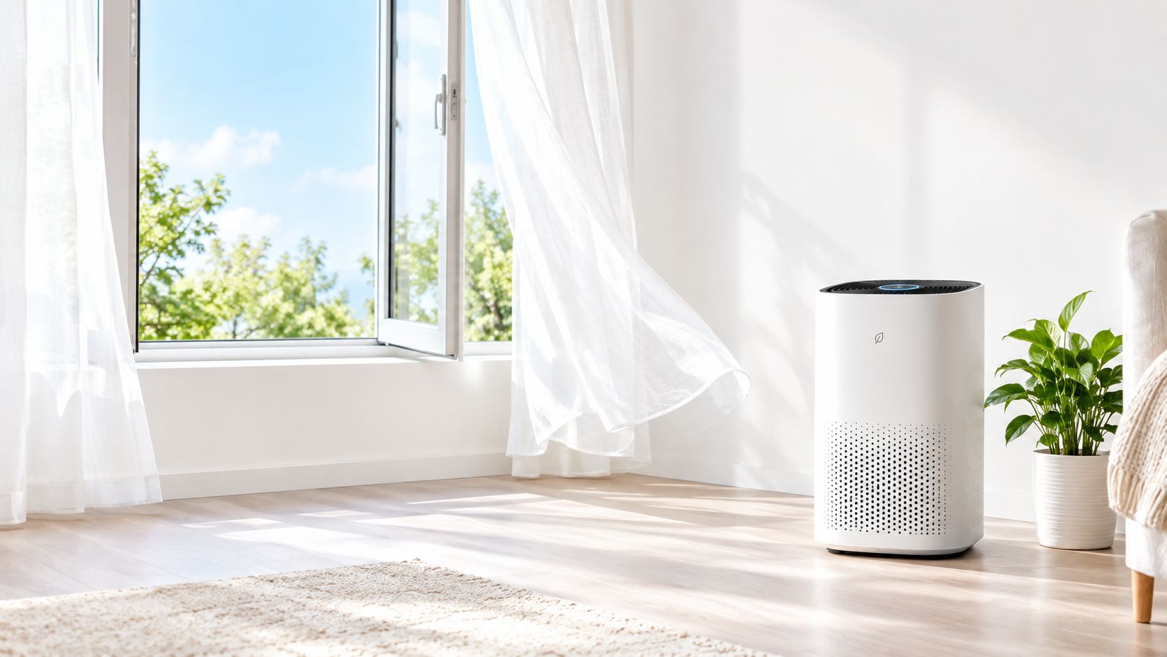A modern white air purifier stands in a bright, airy living room next to a potted green plant.