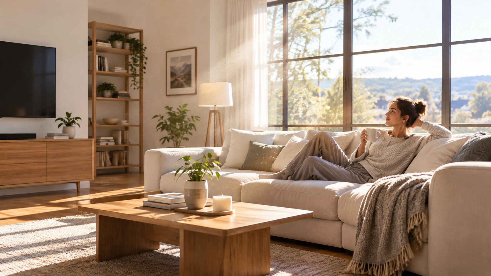 A woman relaxing on a sunlit sofa in a cozy, bright, and airy modern living room.