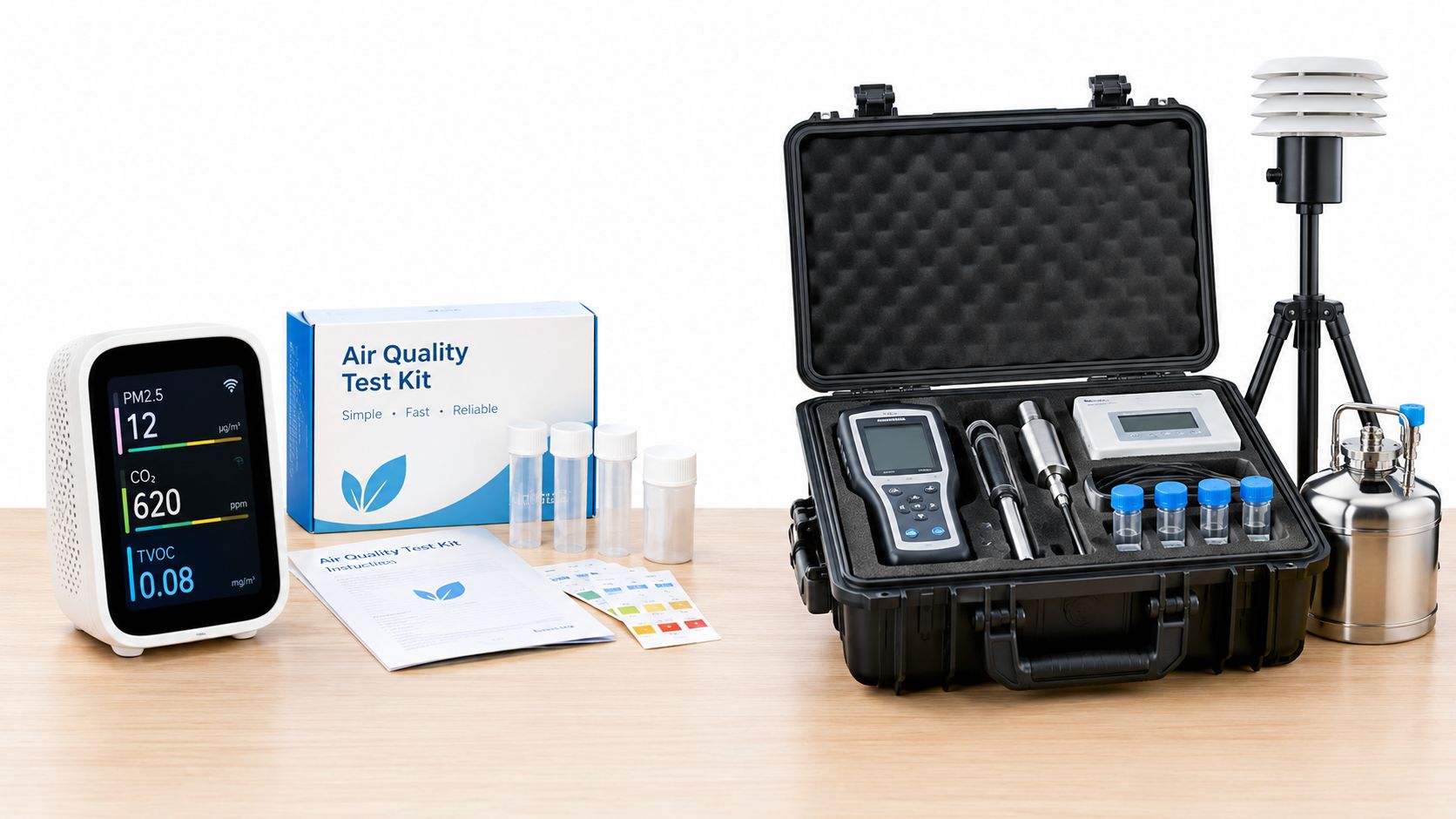 A professional air quality testing kit featuring digital monitors, sampling vials, and specialized equipment on a table.