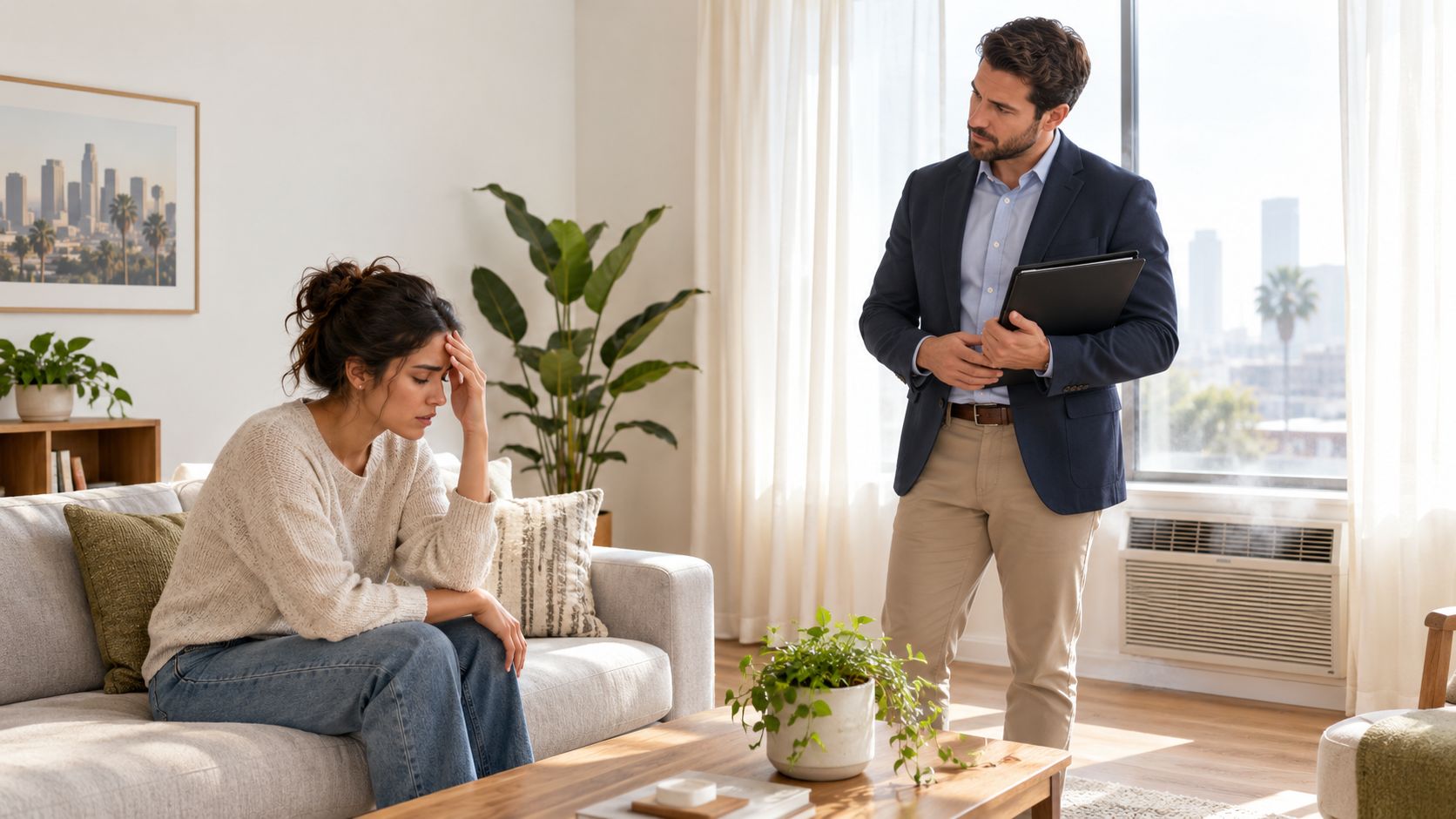 A distressed woman sits on a sofa while a professional holds a folder during an indoor evaluation.