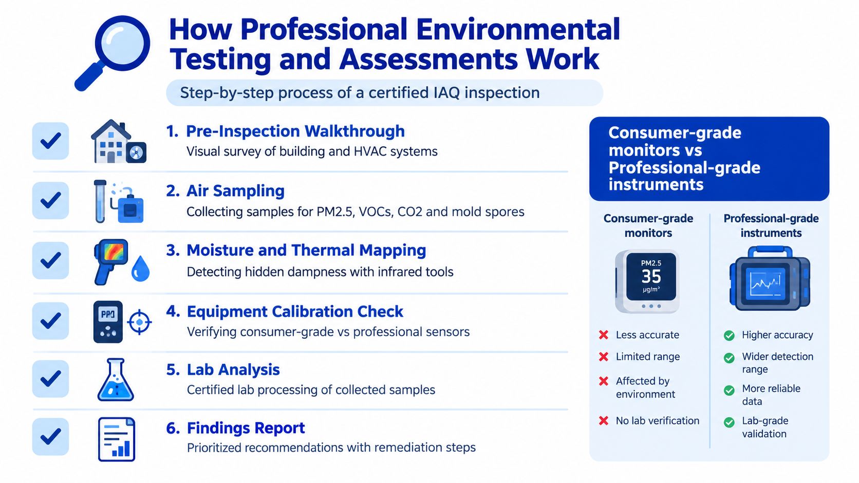 An infographic showing a six-step professional indoor air quality testing process compared to consumer-grade monitors.