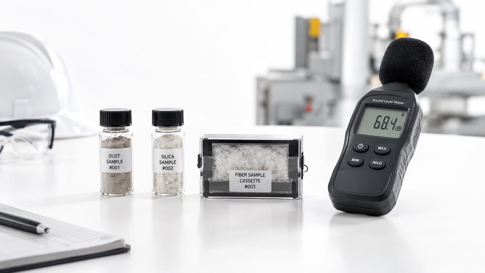 Professional industrial hygiene testing equipment including sample vials, a fiber cassette, and a sound level meter.
