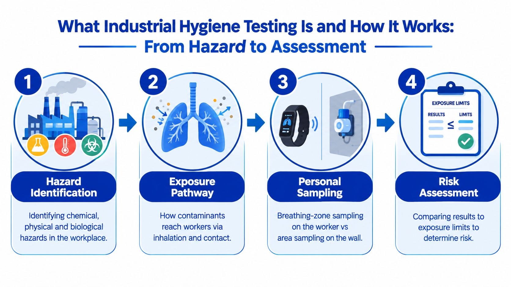 A four-step infographic illustrating the industrial hygiene testing process from hazard identification to final risk assessment.