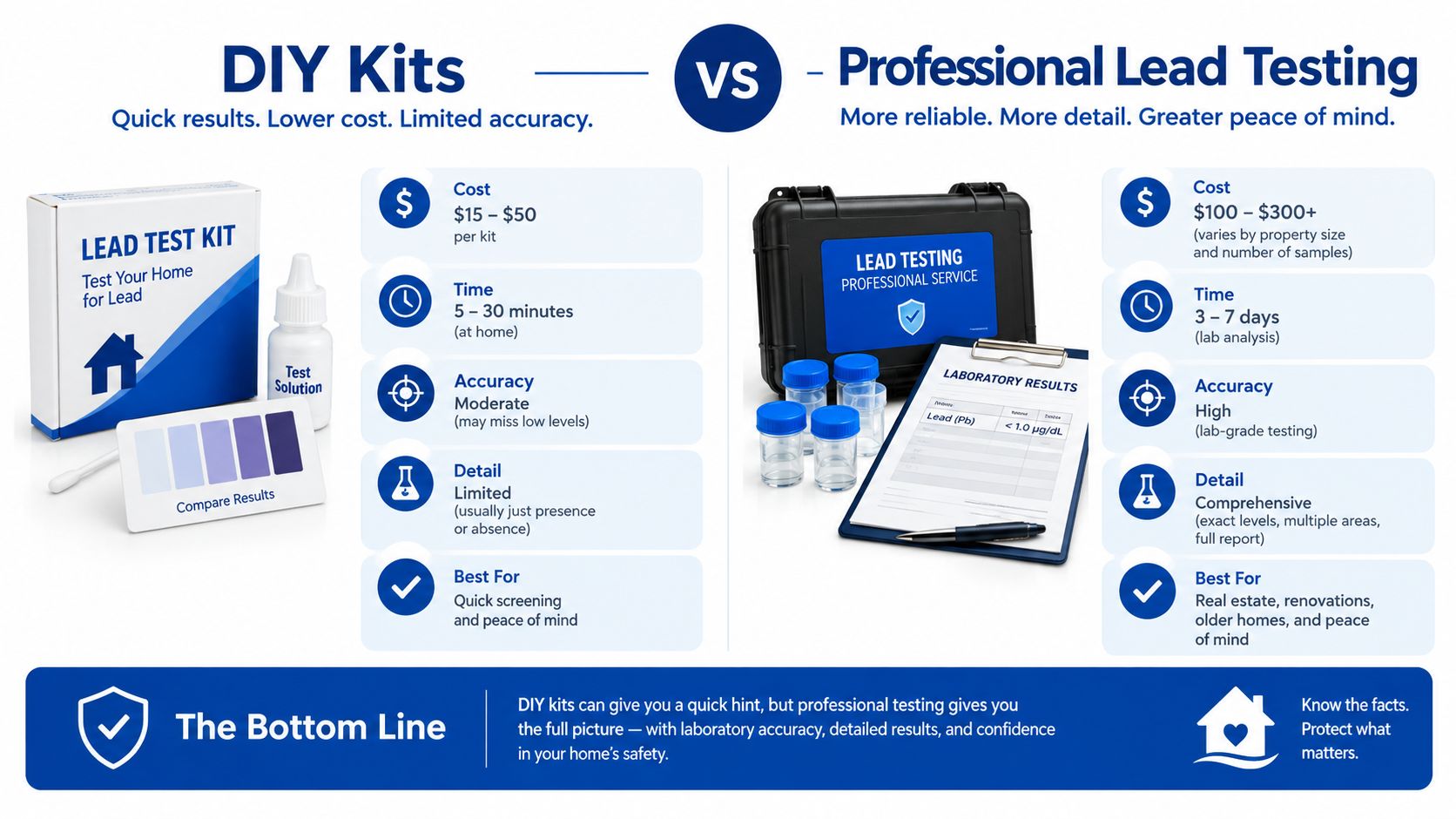 A comparison infographic between DIY home lead testing kits and professional lead testing services for safety.
