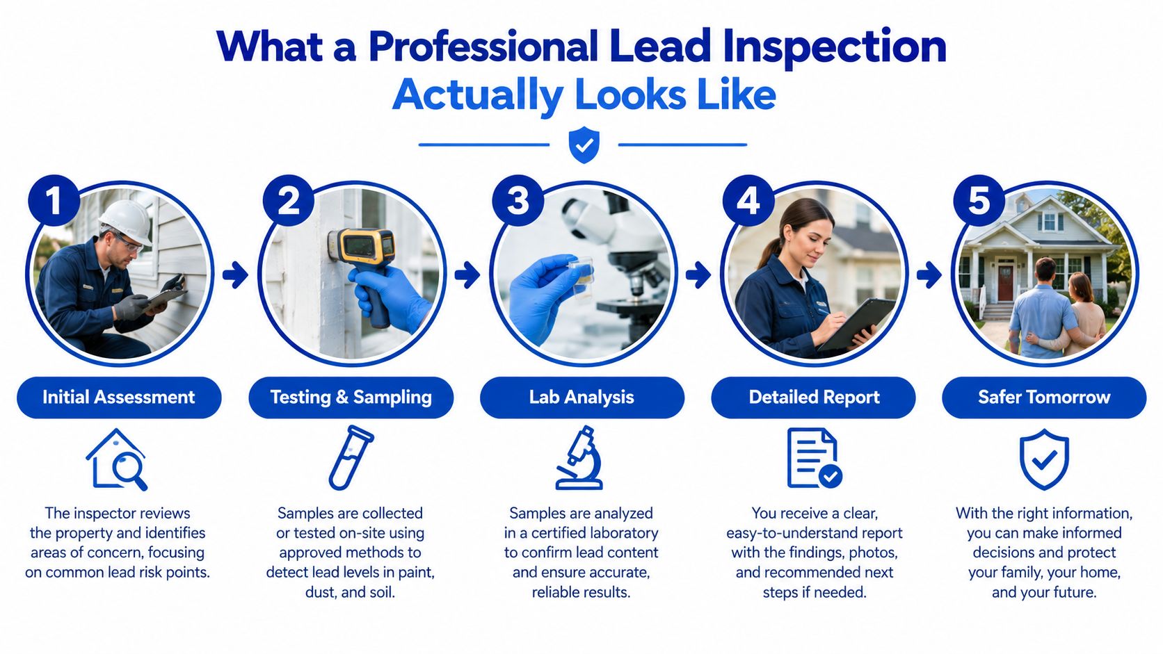 A five-step infographic showing the professional process of inspecting a home for lead contamination risks.