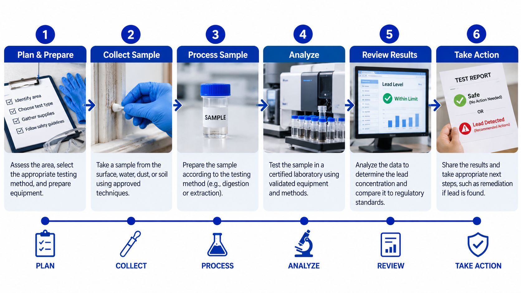 A six-step infographic illustrating the professional procedure for conducting lead testing services in an environment.