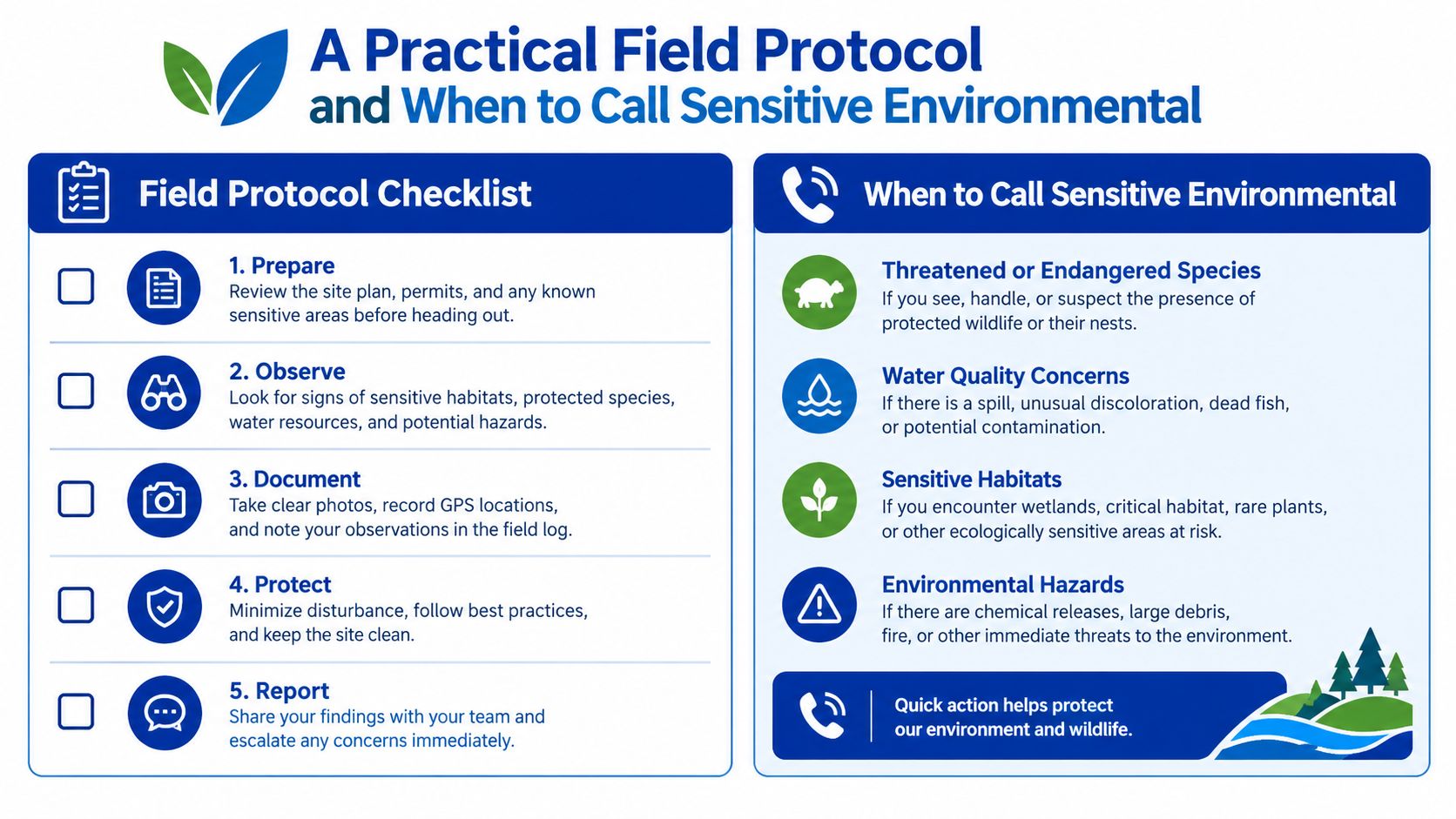 An infographic titled A Practical Field Protocol detailing steps for field work and environmental safety procedures.